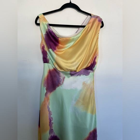 Hello Molly Talk To Me Midi Dress Size 8 – One Shoulder Satin Pastel Print - Picture 4 of 11